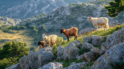 Goats on rocky hillside with dramatic shadows and lush greenery create serene landscape. scene captures beauty of nature and animals in their habitat