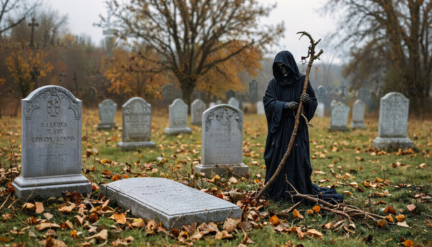 "La Faucheuse dans le cimeti&egrave;re automnal"