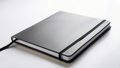 A sleek black hardcover notebook lies closed against a stark white background, showcasing its texture and design. Ideal for business, personal notes, or academic planning.