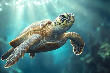 Fototapeta premium Serene Turtle Gliding Through Clear Blue Waters
