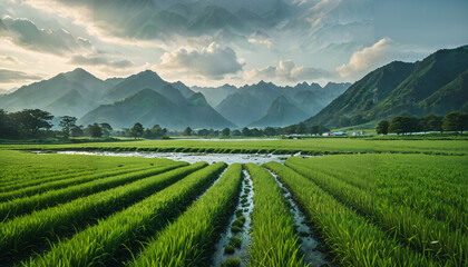 Fototapeta premium Sérénité des rizières au pied des montagnes
