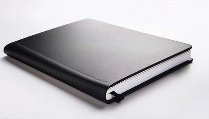 A sleek black hardcover notebook lies closed against a stark white background, showcasing its texture and design. Ideal for business, personal notes, or academic planning.