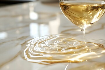 rozlane wino, różowe wino, marmurowy blat, elegancki detal, przewrócony kieliszek, kontrast kolorów, klimat luksusu, wino na marmurze, rozlana ciecz, subtelna różowa plama, scena nowoczesna, chłodne o