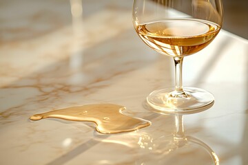 rozlane wino, różowe wino, marmurowy blat, elegancki detal, przewrócony kieliszek, kontrast kolorów, klimat luksusu, wino na marmurze, rozlana ciecz, subtelna różowa plama, scena nowoczesna, chłodne o