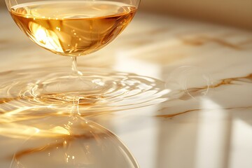 rozlane wino, różowe wino, marmurowy blat, elegancki detal, przewrócony kieliszek, kontrast kolorów, klimat luksusu, wino na marmurze, rozlana ciecz, subtelna różowa plama, scena nowoczesna, chłodne o