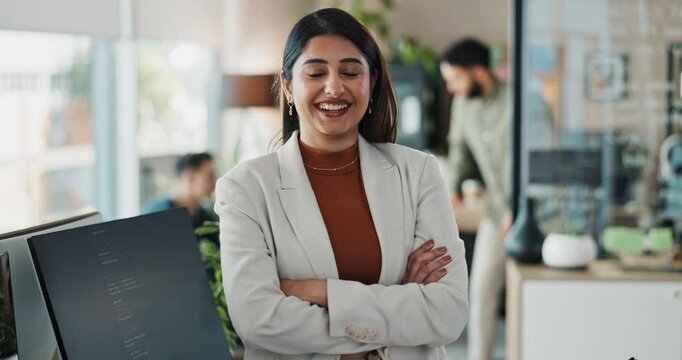 Woman, office and happy with arms crossed for coding, programing and system update as software engineer. Female person, employee and face with smile with innovation project and data development