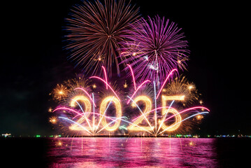 Sparkler 2025 text colorful firework illumination on dark blue sky background, happy new year 2025 concept	
