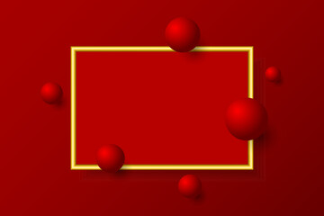 3D Geometric Round Shape On Red Background With Gold Frame. Abstract Business Banner. Technology Wallpaper. Vector Illustration. Futuristic. Minimal. Copy Space