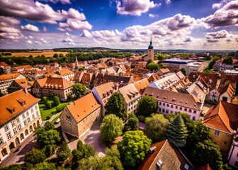Fototapeta premium Aerial Drone View of Historic Old Town District with Preserved Architecture and Cobblestone Streets for Cityscape Photography