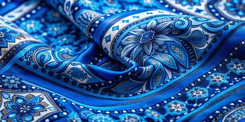 Aerial Photography of Intricate Blue Bandana Design Closeup, Textiles, Patterns, Fabric, Fashion, Art, Creative Design, Textile Art, Blue Color Palette, 