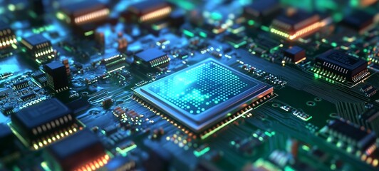 Fototapeta premium Futuristic Closeup View of Intricate Computer Circuitry and Microchips on Motherboard