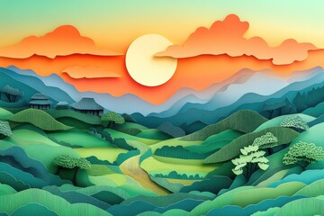 paper cut landscape, a detailed paper cut scene of a tranquil japanese countryside with hills, rice fields, and a colorful sky
