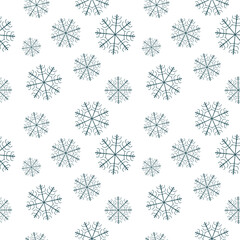 Many Falling Dark Blue Snowflake Pattern On White Background. Christmas Backdrop. Winter Wallpaper