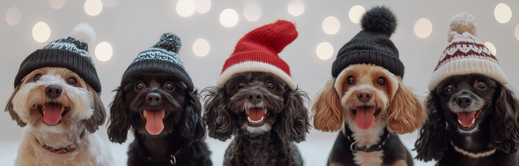 Cagnolini carini vestiti con cappellini a tema natalizio. Sfondo chiaro.