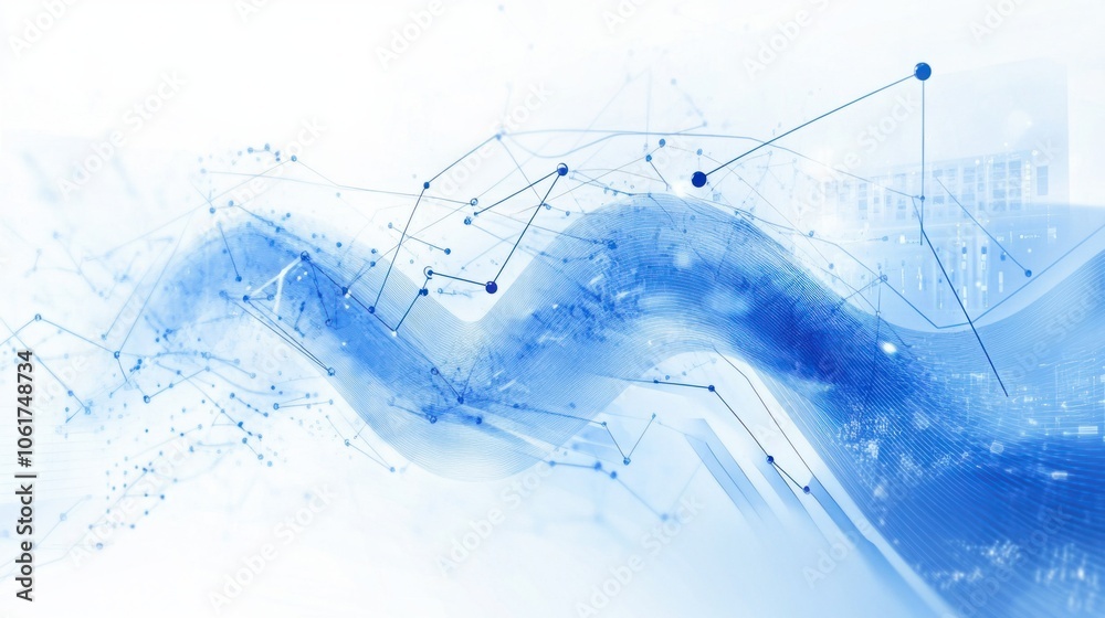 Fototapete abstract waves of data points and lines in blue tones, illustrating digital communication in busines