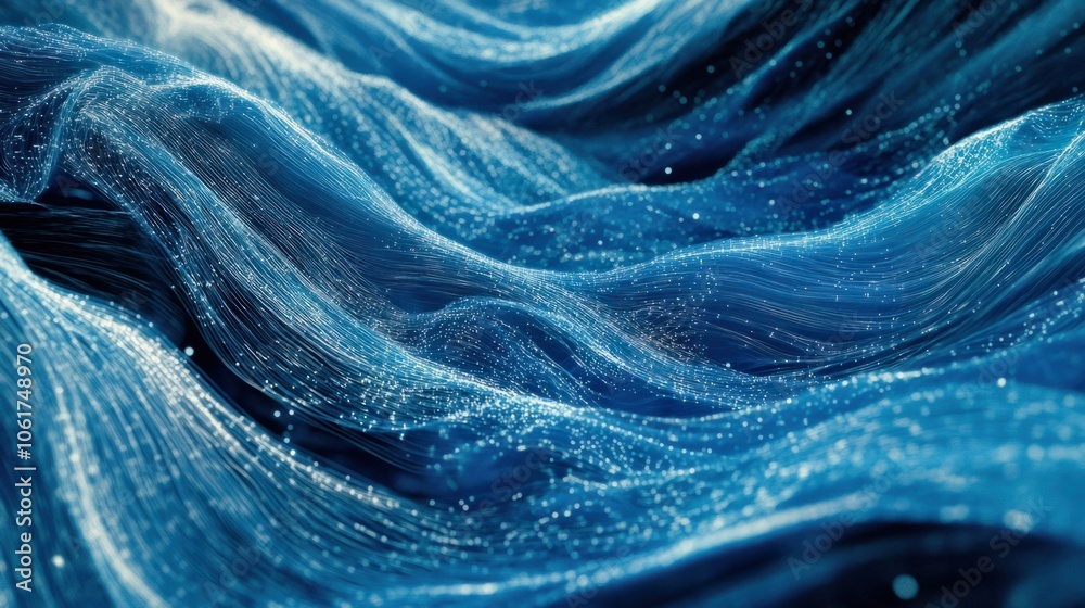 Fototapete abstract waves of data points and lines in blue tones, illustrating digital communication in busines