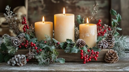 Cozy and festive Christmas scene with lit candles holly berries pine twigs