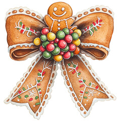 Festive Gingerbread Figures with Holiday Decorations, Adorable gingerbread characters with festive bows, holly accents, and Christmas decorations, perfect for holiday designs, greeting cards