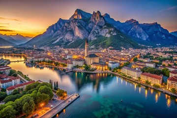 Aerial View of Lecco City at Dawn with Resegone Mountain in the Background – Scenic Landscape Photography, Sunrise Over Lake Como, Italian Alps, Travel Destinations, Nature Beauty