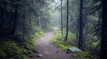 Obraz premium A peaceful forest trail bathed in soft natural light invites exploration beneath the trees.