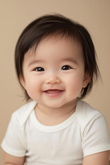 Naklejka premium asian little baby boy or girl 6 month old smiling wearing blank mockup white bodysuit,isolated on a beige background