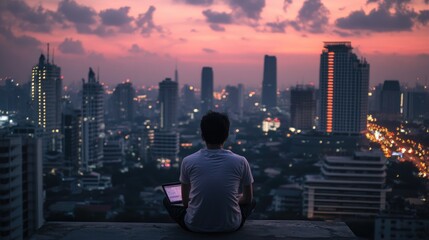 Young entrepreneur with laptop in rooftop view, [urban ambition], [concept of focus, ambition, and modern success] 