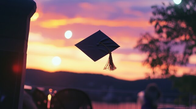 A graduation cap tossed into the air at sunset, set against a vibrant sky with a beautiful soft focus background.