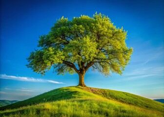 Fototapeta premium Alone Wild Pear Tree on a Hill - Serene Landscape, Nature's Beauty, Isolated Tree, Hilltop View, Tranquil Scene, Outdoor Photography, Solitary Pear Tree, Scenic Hill, Natural Environment