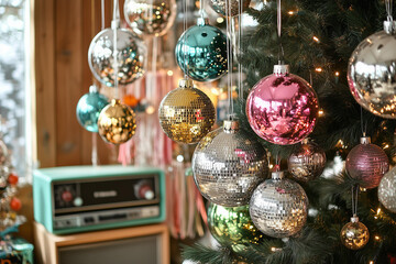 vibrant 1970s disco-inspired Christmas scene, capturing the playful energy of the era. The scene features disco balls in a range of colors--silver, gold, green, pink, and black