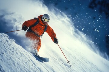 Brightly clad skier gracefully descends a snowy slope