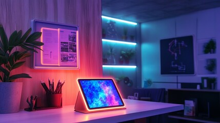 Fototapeta premium A neon-lit tablet rests on a desk in a futuristic home office, with dynamic lighting creating a modern learning atmosphere and no people visible.