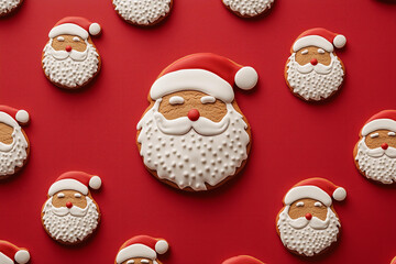 
santa claus face shaped gingerbread cookies top view pattern isolated on a solid red background