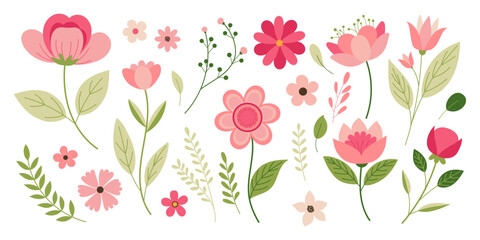 A row of flowers with a variety of colors and sizes. Some of the flowers are pink and some are green