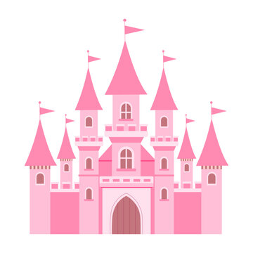 A pink castle with flags on top. The castle is very large and has many windows