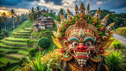 Fototapeta premium Balinese Traditional Culture Ritual Mask Design for Tattoo Textiles - Hindu Spiritual Symbol Candid Photography of Ethnic Heritage and Artistic Expression