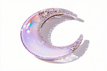 an iridescent pastel purple crescent moon brooch with delicate glitter finish on white background