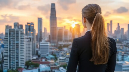 Fototapeta premium Young businesswoman at sunrise, overlooking city skyline, [ambition concept], [visualizing future success and aspirations] 