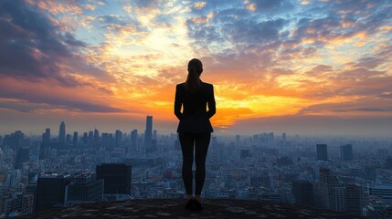 Fototapeta premium Young businesswoman at sunrise, overlooking city skyline, [ambition concept], [visualizing future success and aspirations] 