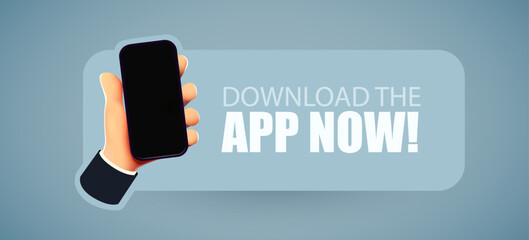 Download app now. Application installation banner. Hand with smartphone.