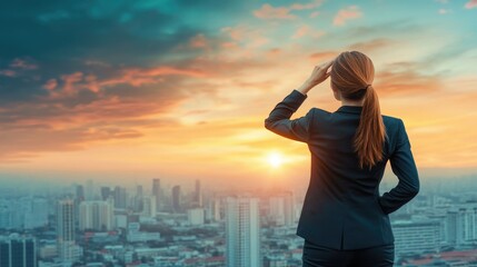 Fototapeta premium Young businesswoman at sunrise, overlooking city skyline, [ambition concept], [visualizing future success and aspirations] 