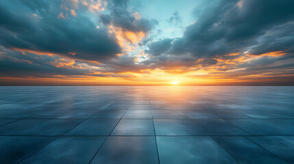 Blue Tiled Floor with Golden Sunset Sky Background