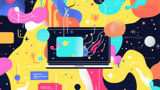 Laptop screen showcasing a colorful mind map of digital marketing strategies, highlighting various content creation techniques and their interconnections 