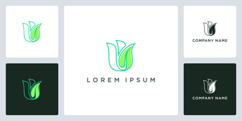 Green leaf outline letter W logo and icon editable