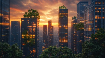 Fototapeta premium Urban carbon sink, trees integrated into skyscrapers, 3D illustration Carbon-neutral future, sustainable cityscape at sunset, 3D illustration 