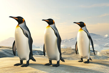 Fototapeta premium Three emperor penguins standing in a line on a snowy landscape at sunrise, symbolizing unity and resilience in a cold, icy environment. Penguin Awareness Day