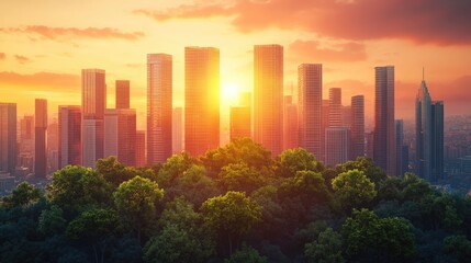 Urban carbon sink, trees integrated into skyscrapers, 3D illustration Carbon-neutral future, sustainable cityscape at sunset, 3D illustration 