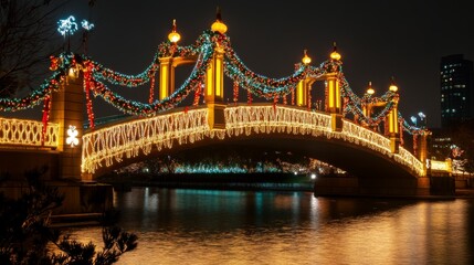 Fototapeta premium Beautifully lit bridge adorned with decorations for New Year festivities background