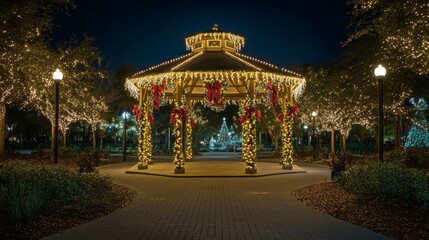 Fototapeta premium Beautifully lit gazebo in a public park adorned with holiday decorations background