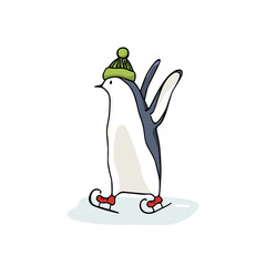 Vector card with hand drawn cute penguin skating on ice in knitted hat. Ink drawing, funny illustration, beautiful animal design elements.