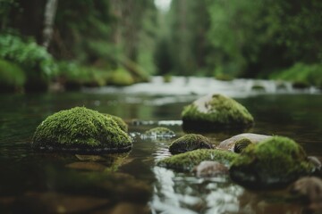 Fototapeta premium A tranquil forest stream winds gently, its path lined with moss-covered rocks, creating a serene, lush scene full of refreshing natural harmony.